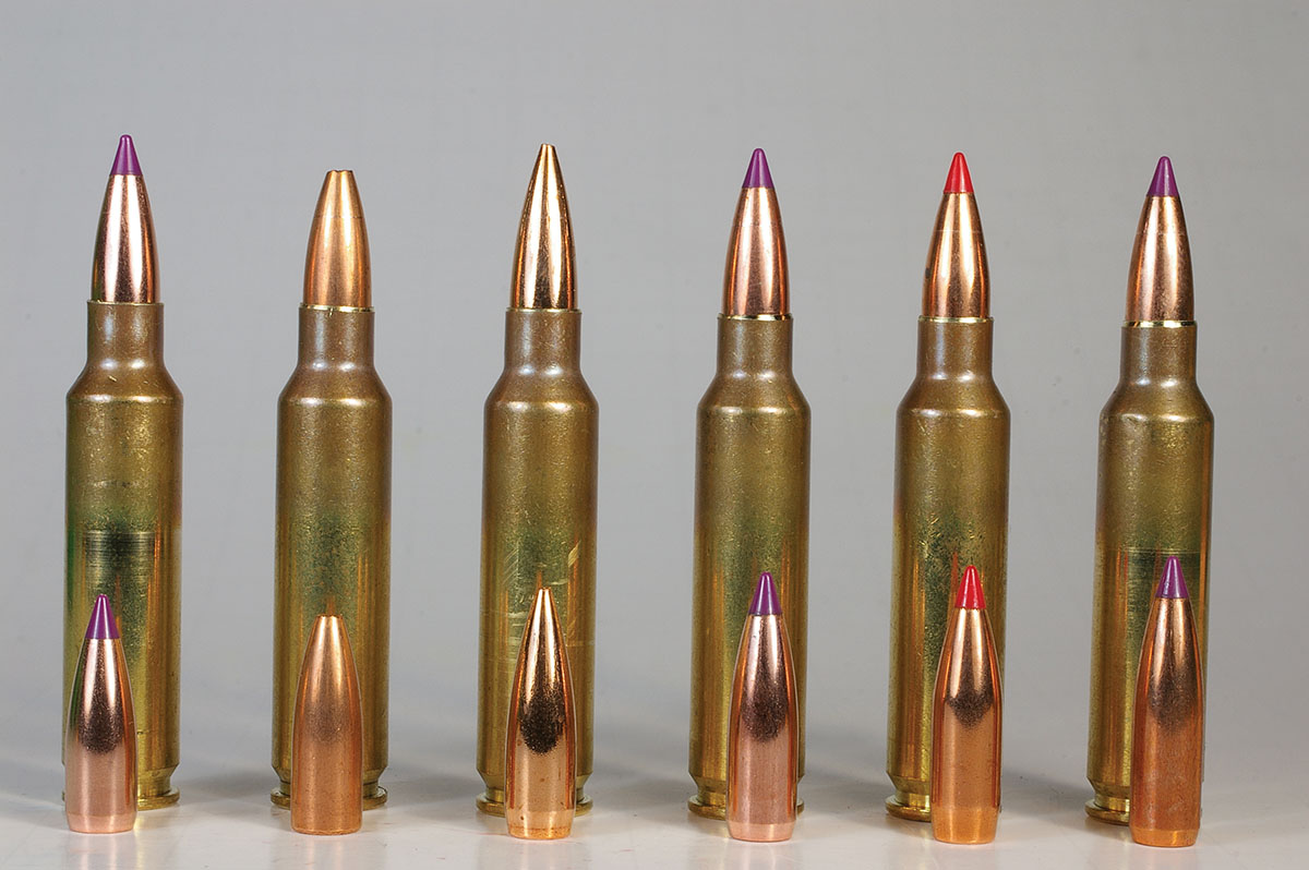 This lineup of bullets shot well from the 6mm HAGAR test rifle. They are (left to right): Nosler 55-grain Ballistic Tip, Sierra 60-grain HP Varminter, Berger 65 Match Boat Tail Target, Nosler 70 Ballistic Tip, Hornady 75 V-MAX and Nosler 80 Ballistic Tip.